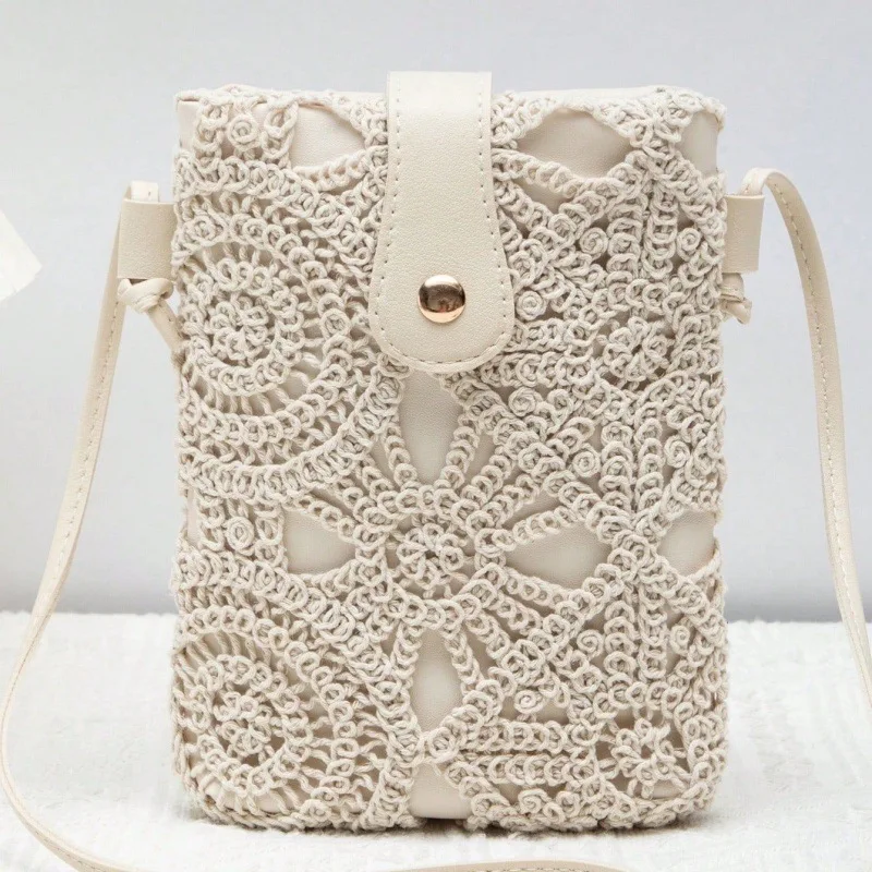 1pcs Single-shoulder crochet mesh woven bag peach-colored plush small and fresh handbag for holding mobile phones