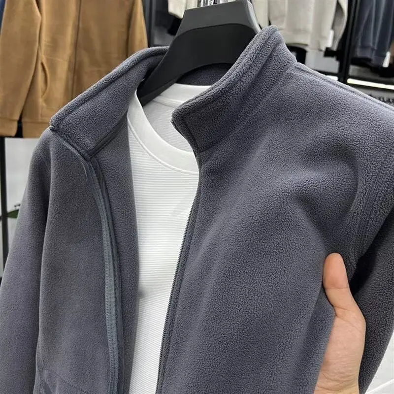 Fleece men's autumn and winter trendy versatile fleece cardigan sweatshirt trendy brand loose and durable stand-up collar jacket