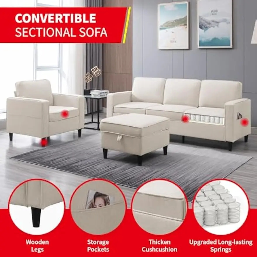 Conjunto de sala de estar de 2 peças, sofá em forma de l de 78 polegadas e conjunto de armário, sofá em forma de l de tecido, armazenamento otomano, 3 lugares modural conversível