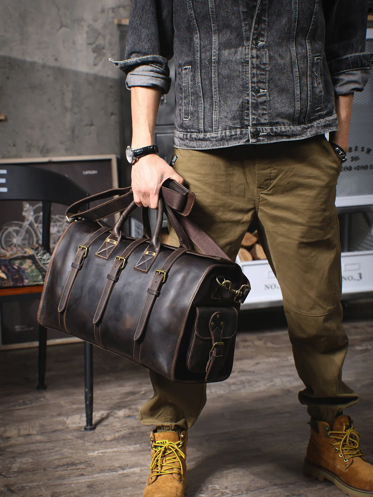 Casual vintage handmade crazy horse cowhide men's large-capacity travel bag designer luxury genuine leather luggage bag handbag