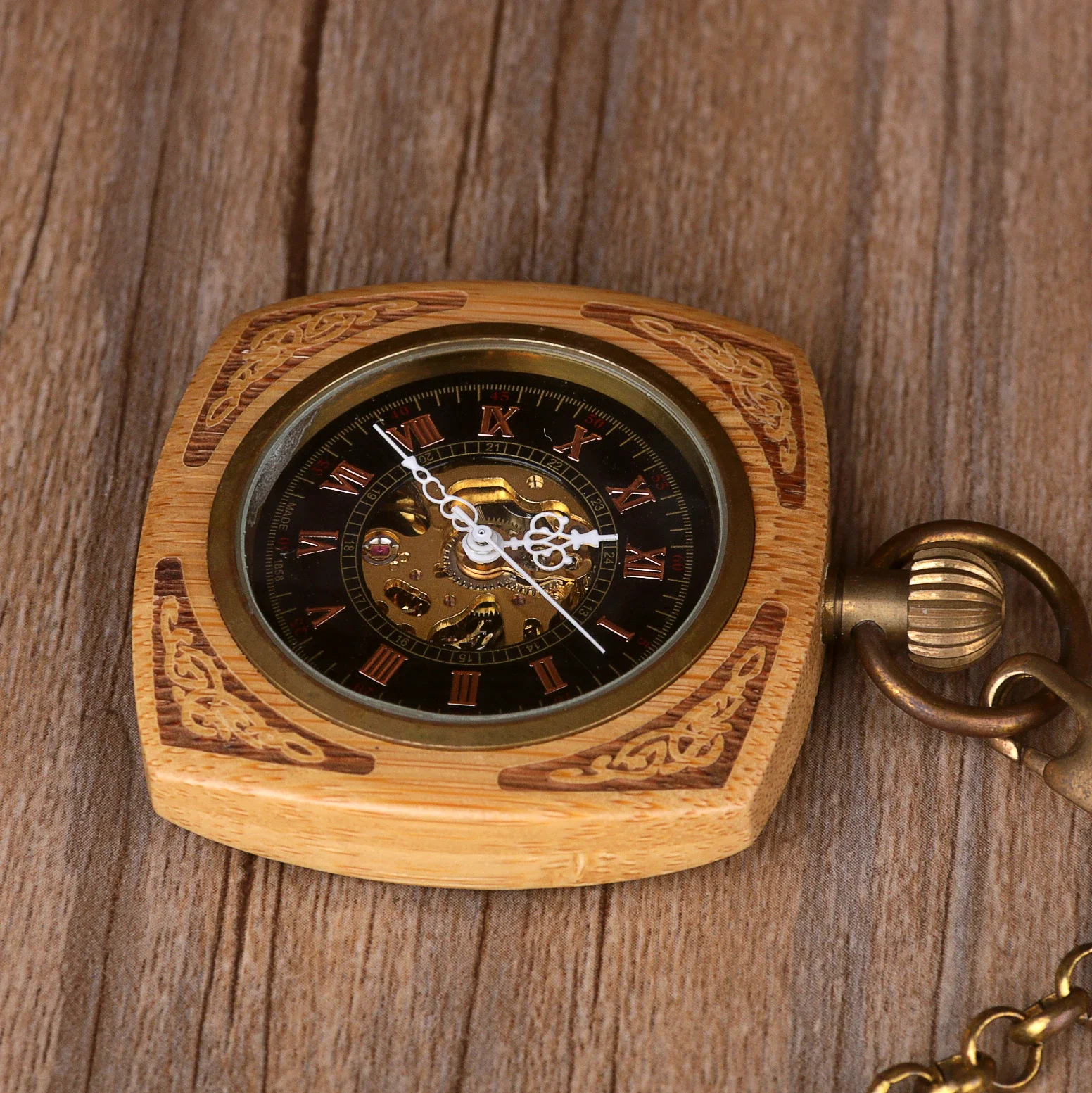 

Wood Mechanical Pocket Watch Square Unique Design Vintage Charm Necklace Chain Hand Wind Fob Watch Roman Dial Men Women Gift