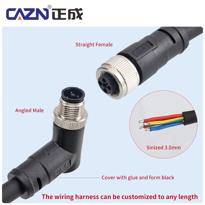 M12 Overmolded Unshielded Straight Plug 3Pin 4Pin IP67 T-code PVC Sensor Circular Curve Connector For Power Usage