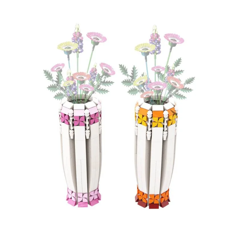 MOC Set Blok Bangunan Vas Zamrud Eksklusif Oranye Merah Muda Bunga Matahari Tanaman Pot Bunga Mainan Vas Mawar Hadiah Ulang Tahun Anak-anak