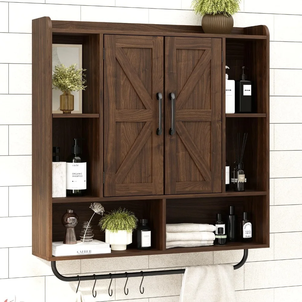 

Rustic Wood Wall Bathroom Cabinet, Farmhouse Medicine Cabinet Wall Mounted, Space Saving Wall Storage Cabinet with 2 Barn Door