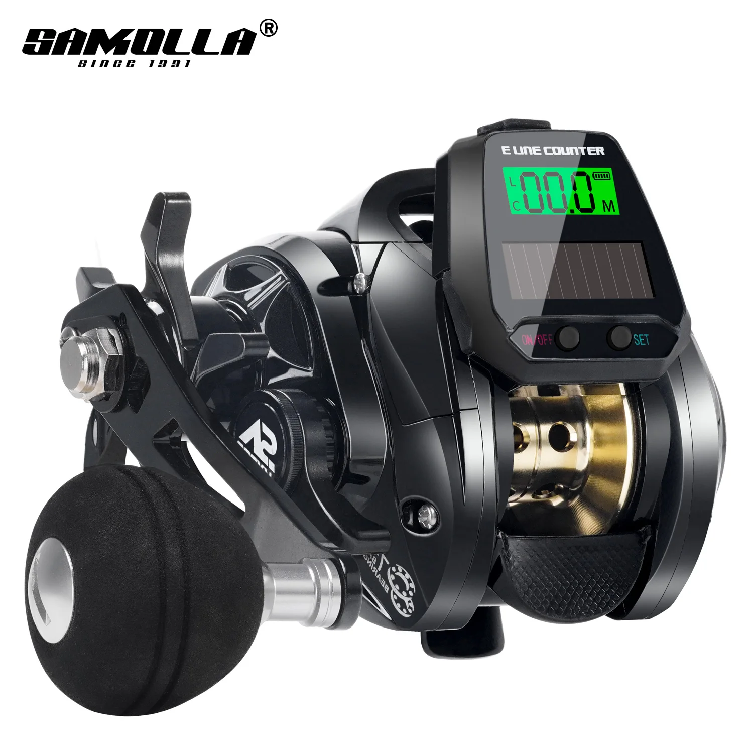 SAMOLLA nuevo carrete de pesca electrónico Solar + carga Usb pantalla grande carrete de Baitcasting agua salada fundición impermeable