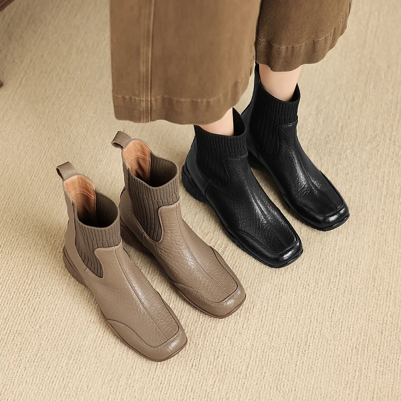 2026 new autumn winter women ankle boots natural leather 22-25cm sheepskin+kniting fabric+pigskin/plush women short boots