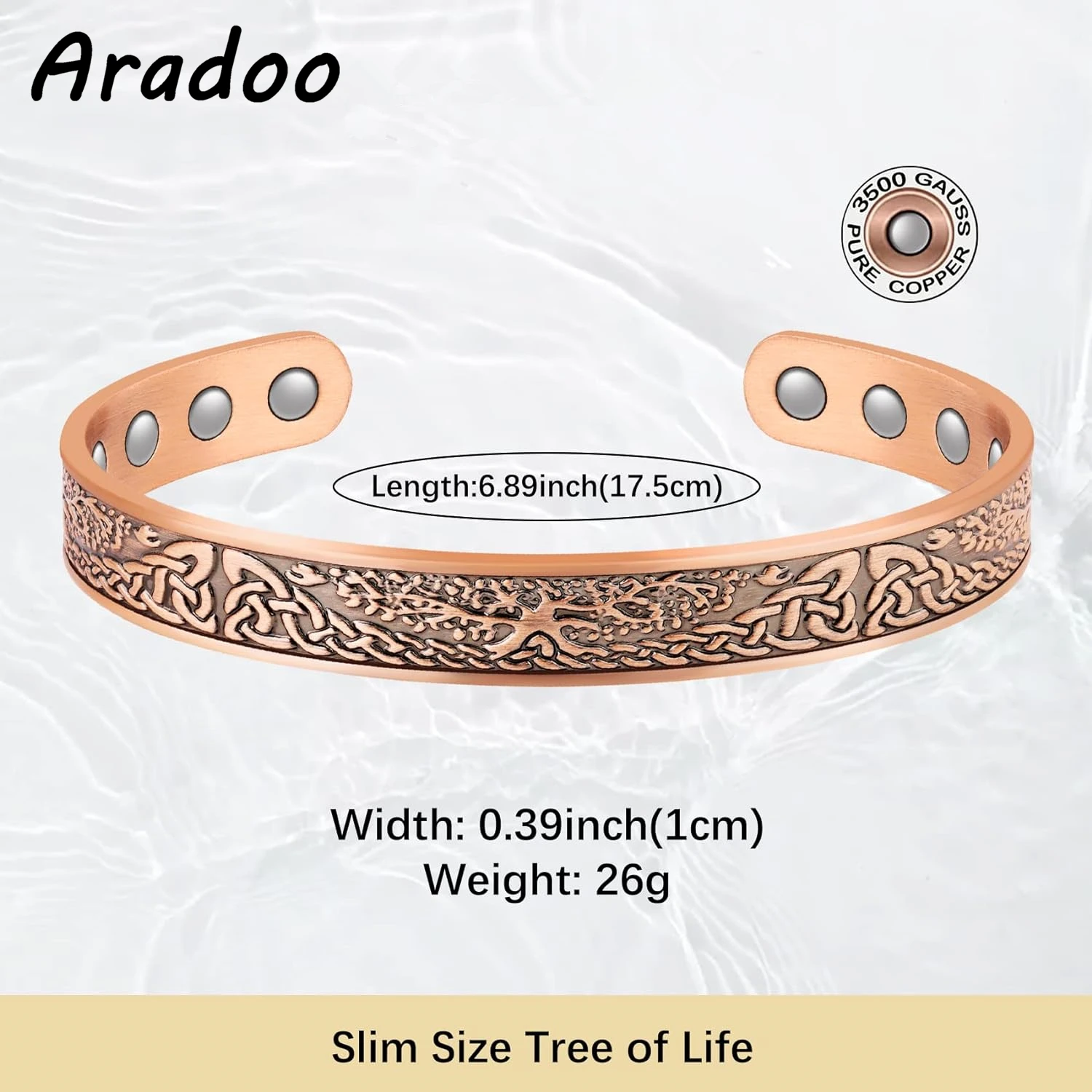 ARADOO Vintage Tree of Life Magnetic Pure Copper Open Cuff Bracelet