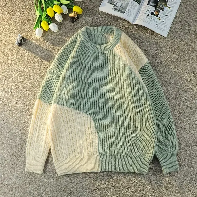 

Мужской повседневный свитер большого размера, модный вязаный джемпер с цветными блоками, трендовый дизайн в стиле Гонконга, повседневная вязаная одежда