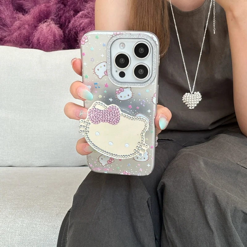 

Cute color Star Cartoon Hello Kitty Bling Glitter Phone Case For iPhone 13 14 15 16 Pro Max diamond Glitter Kitty mirror Holder