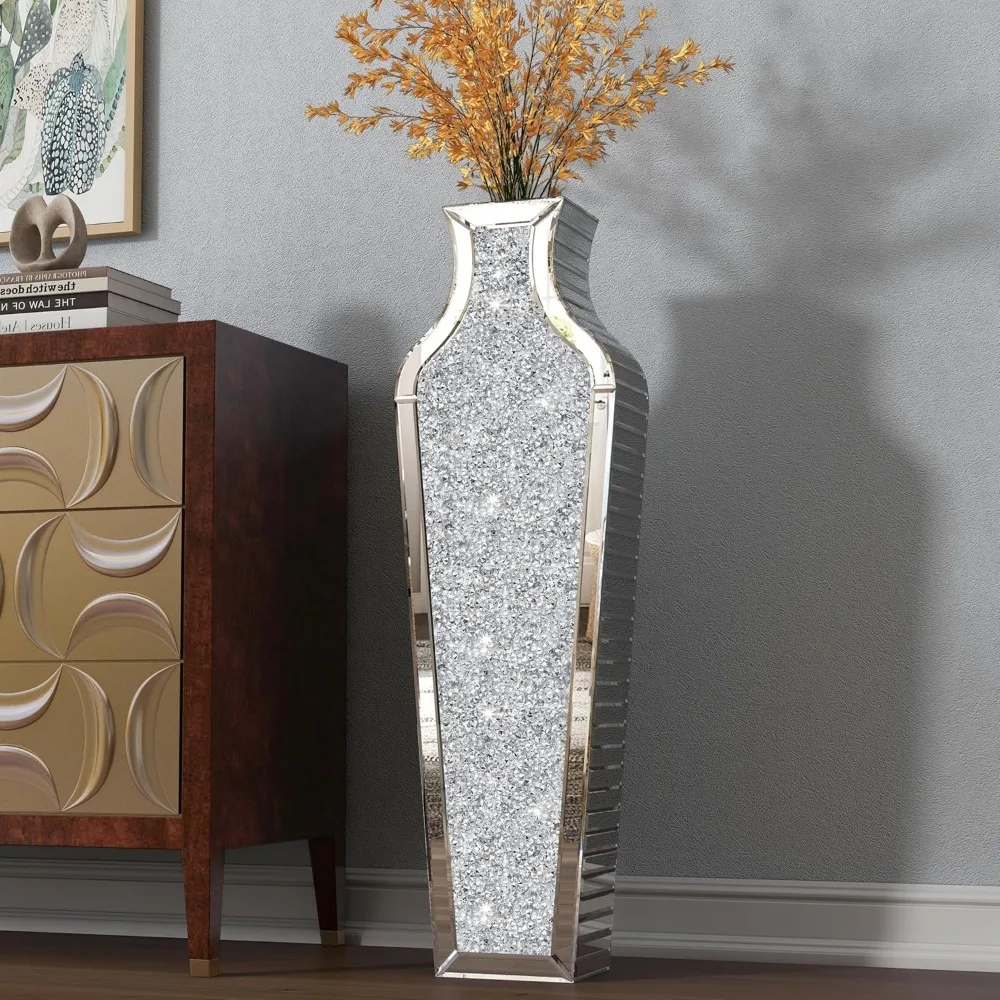 36 inch Floor Vase Crushed Diamond Decorative Mirrored Tall Vases for Decor Living Room, Large Silver Glass Floor Vase