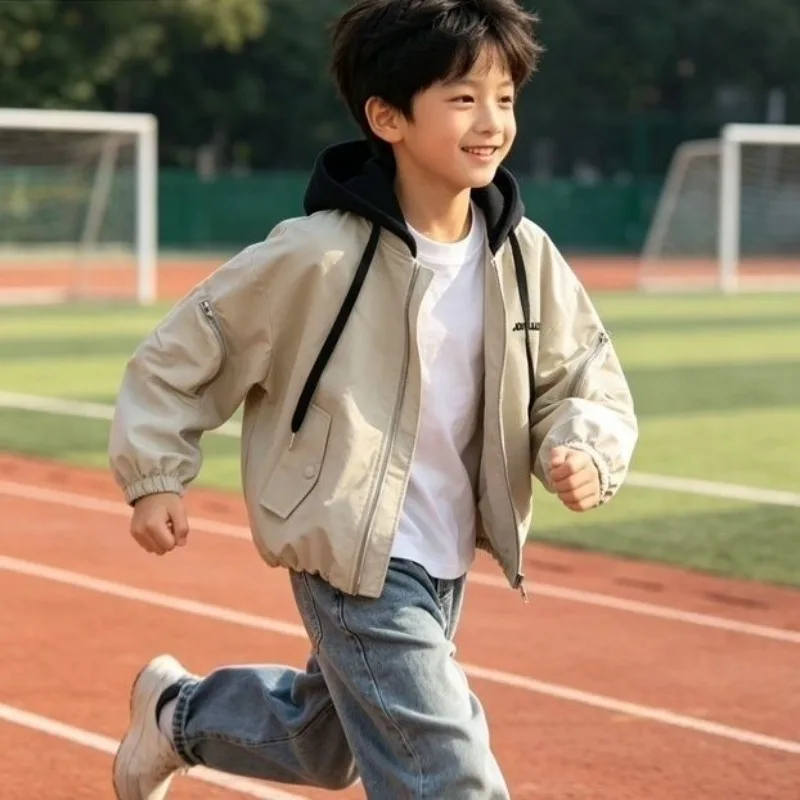 Boys Hooded Jacket Autumn Casual Outerwear Zip Up Coat Spring Fall Lightweight