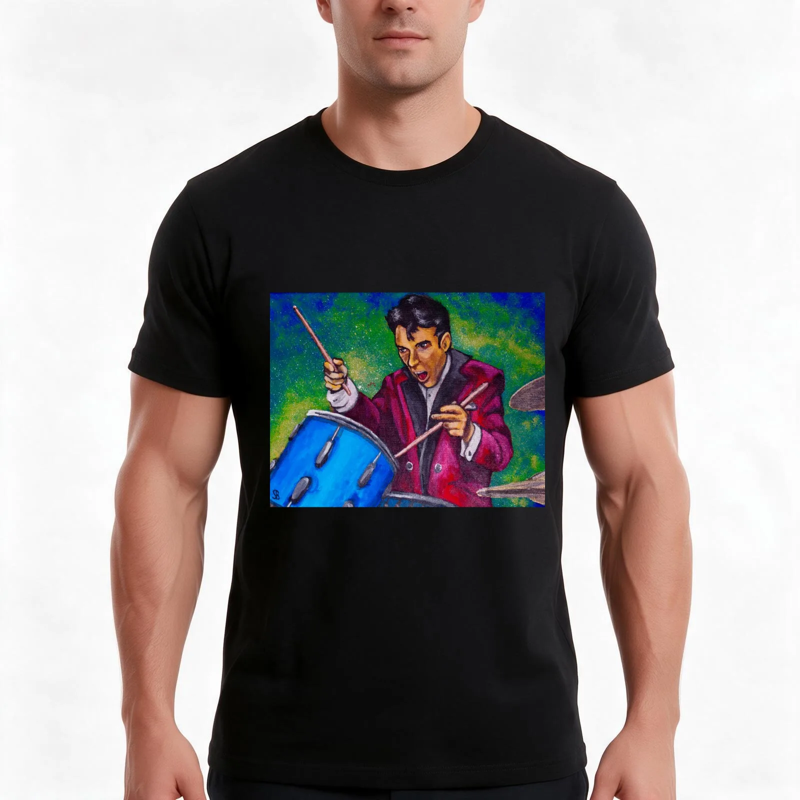 Gene Krupa Drummer T-Shirt, Summer Casual Cotton Tee, Oversized Streetwear Tops, Vintage Graphic Print, Loose Fit Short Sleeve