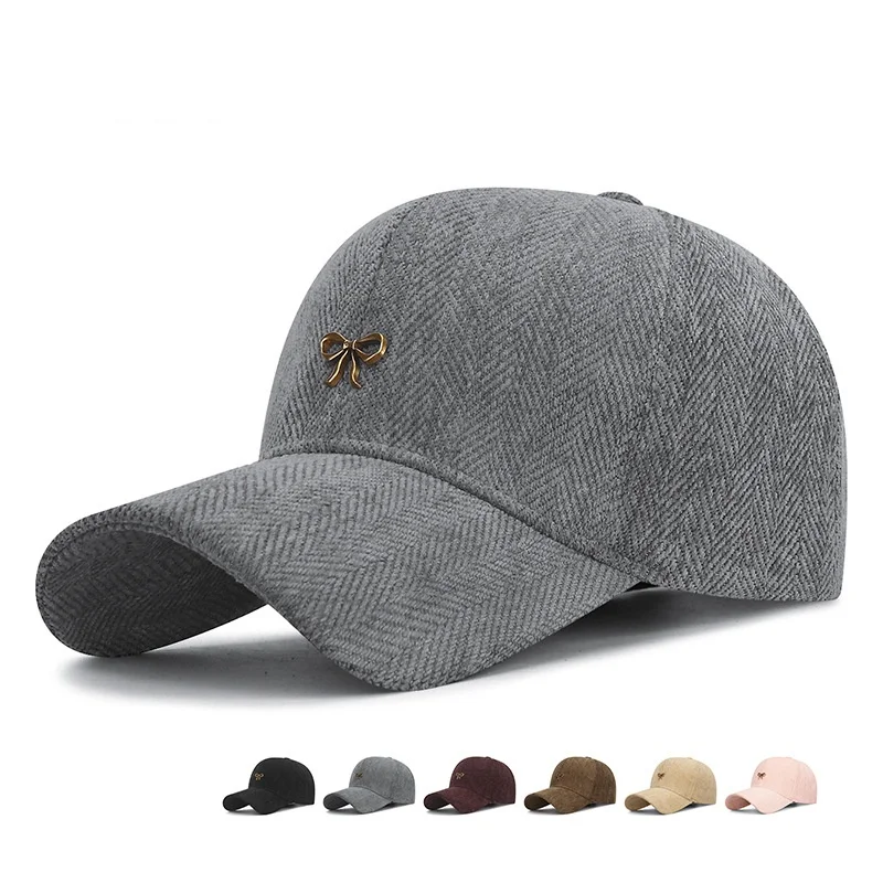 Elegant Metal Bowknot Baseball Cap New Minimalist Solid Fishbone Patterned Duckbill Cap Fashionable Versatile Couple Sun Hat