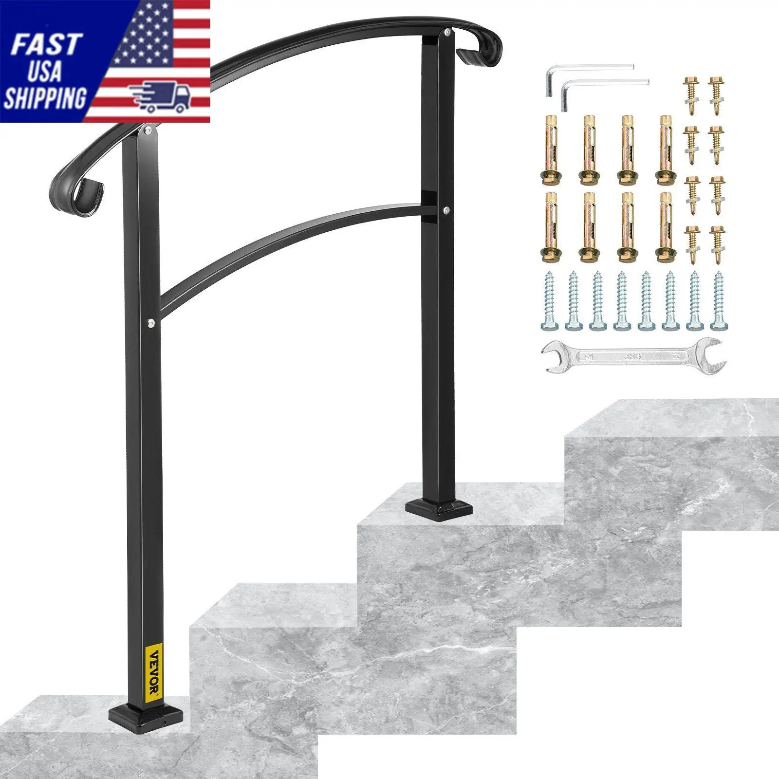 3-Step Transitional Handrail Fits 1 or 3 Steps Matte Stair Rail Wrought Iron Handrail with Installation Kit Hand Rails for