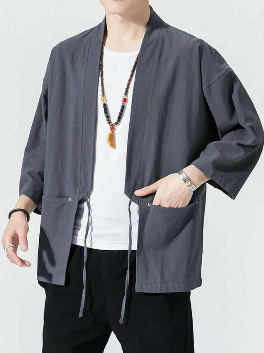 

Летний мужской кардиган в стиле ретро из хлопка и льна, с защитой от солнца, в стиле Ханьфу, однотонный, в национальном стиле, с воротником-стойкой