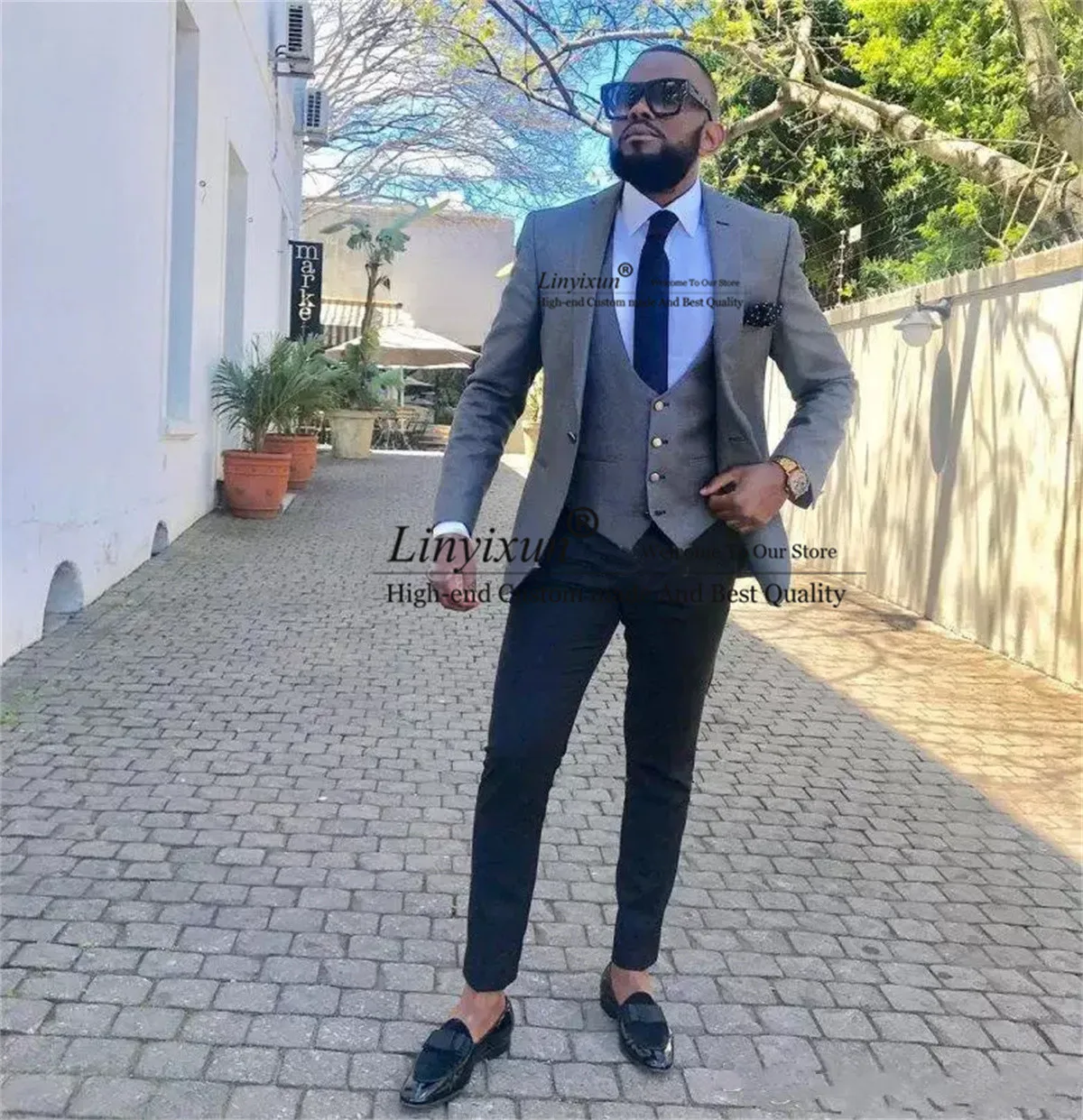 

Handsome Grey Wedding Groom Tuxedos Notche Lapel Men Suits 3 Pieces Sets Business Male Prom Blazer Slim Groomsmen Costume Homme