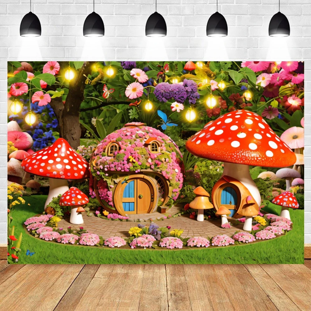 Fairy Tale Forest Photography Backdrop Wonderland Dreamy Jungle Mushroom Baby Birthday Party Decor Banner Photo Backgrounds