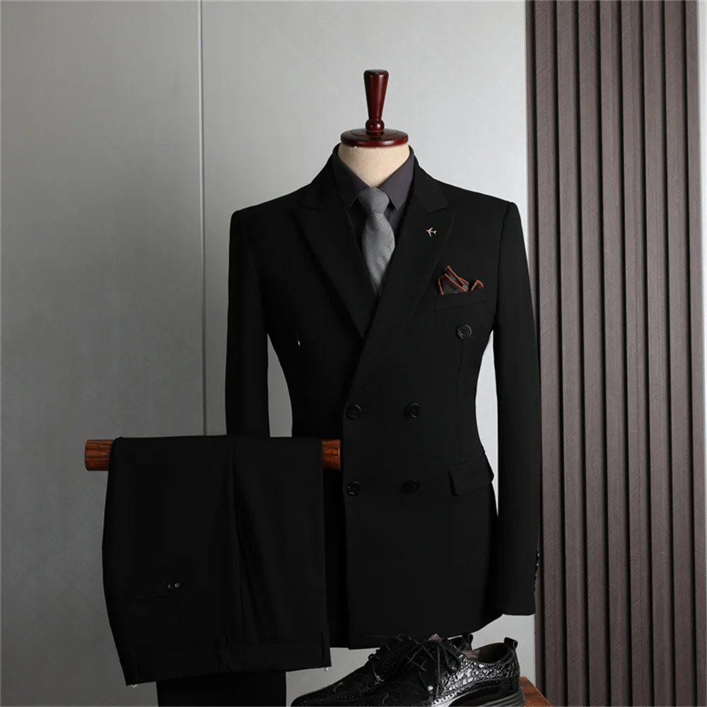 Double row suit men\'s formal wear business casual fashion Korean version slim-fit large size banquet wedding small suit man