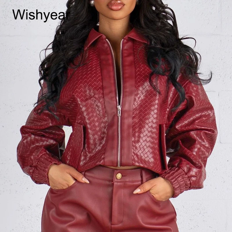 Jakcet en Faux cuir pour femmes, manches longues, fermeture éclair, revers, manteaux courts en PU, Street Moto Biker, minuit, Hipster, hauts d'extérieur y2k