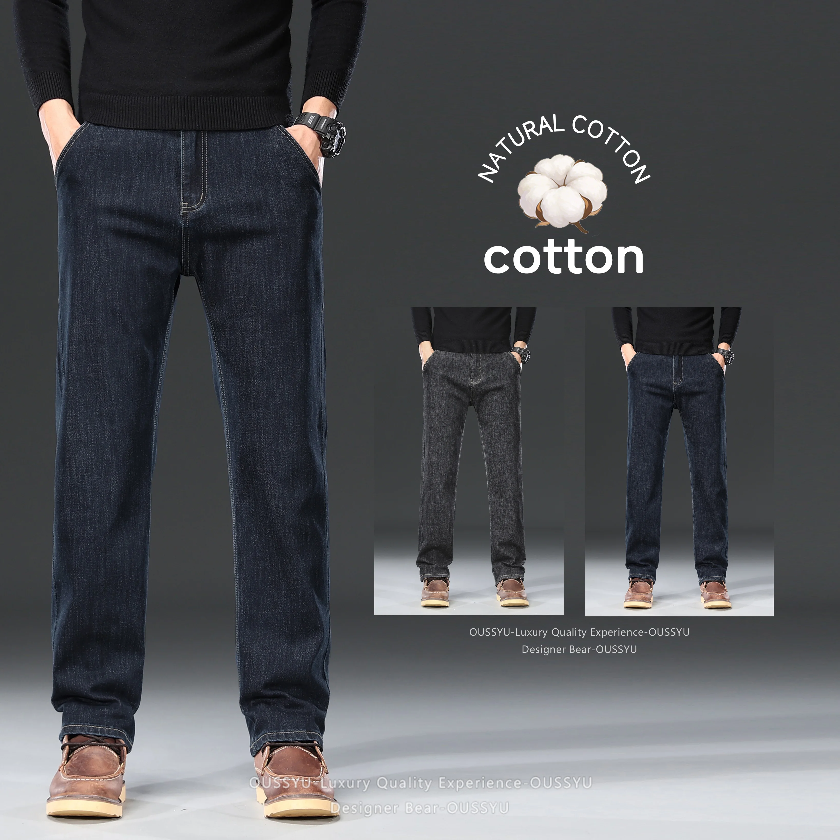 High Quality Autumn Winter Cotton Jeans Men  Baggy Straight Business Casual Denim Pants Solid Color Trousers Male Plus Size 40