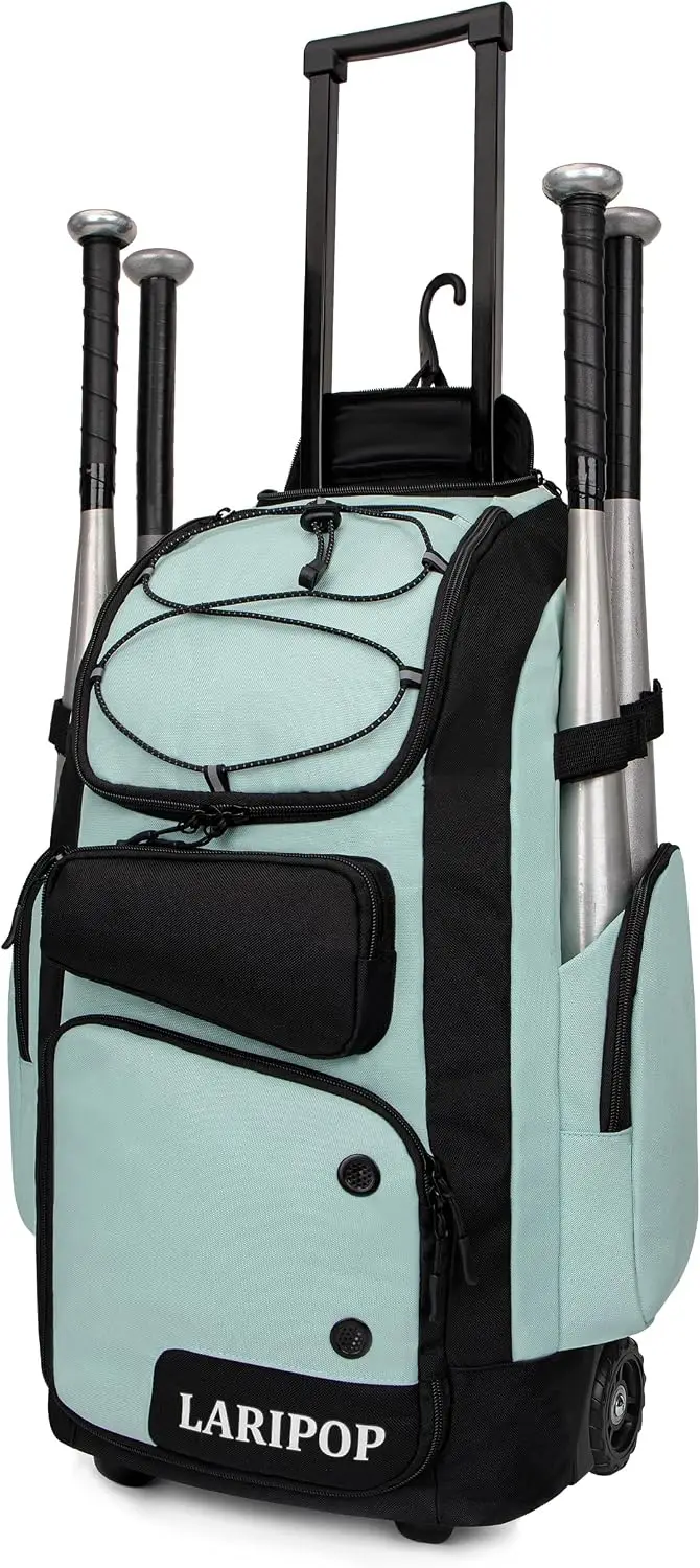 Wheeled Softball Backpack Baseball Bat Storage Ventilated Shoe Compartment Fence Hook