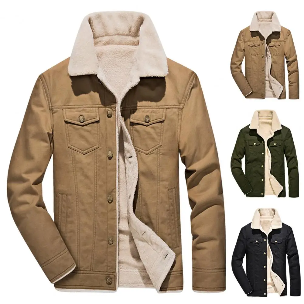 

Men Coat Thickened Solid Color Long Sleeve Turndown Collar Plush Lining Winter Windproof Jacket Lapel Buttons Outerwear