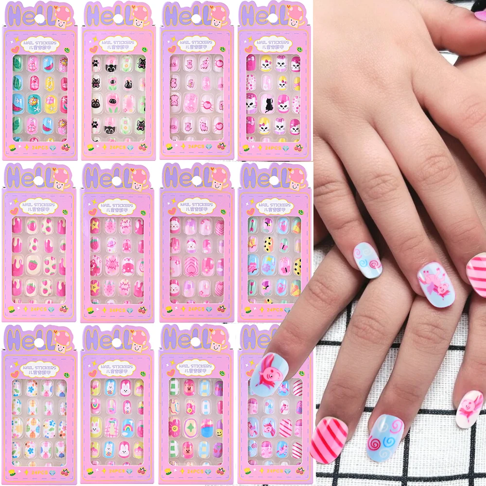 24pcs/box Kids False Nails Cartoon Full Cover Press On Fake Nail 6-14Years 5D Candy Cartoon Children\'s Nail DIY Xmas Girl Gift