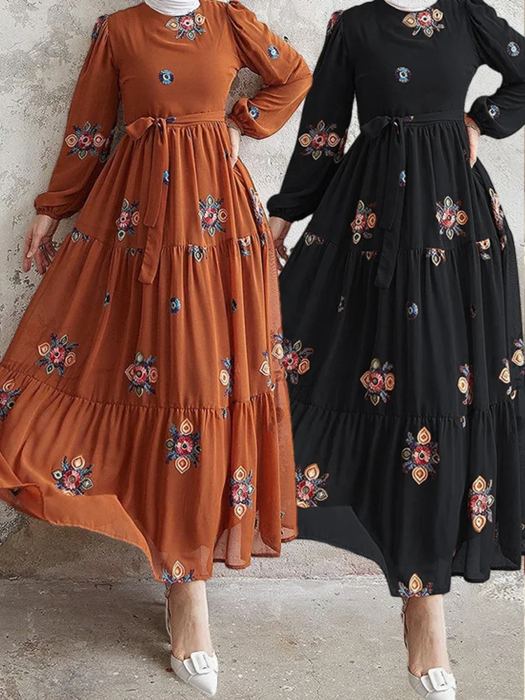 Kadınlar için Eid müslüman Abayas elbise çiçek nakış uzun kollu Dubai uzun elbise parti elbise Vestidos Abaya sonbahar Vestidos 2024