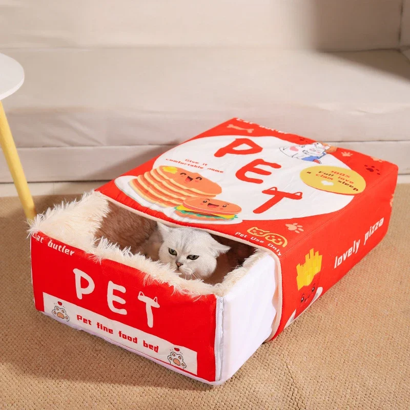 Japanese Style Fully Enclosed Biscuit Box Pet Cat Bed Rectangular Pull Out Snack Kitten Resembling Secure Cat House Cushion Cave