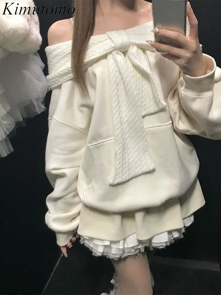 

Kimutomo толстовки женские элегантные лоскутные с бантом осень-зима милая модная верхняя одежда Y2k Harajuku толстовки женские повседневные
