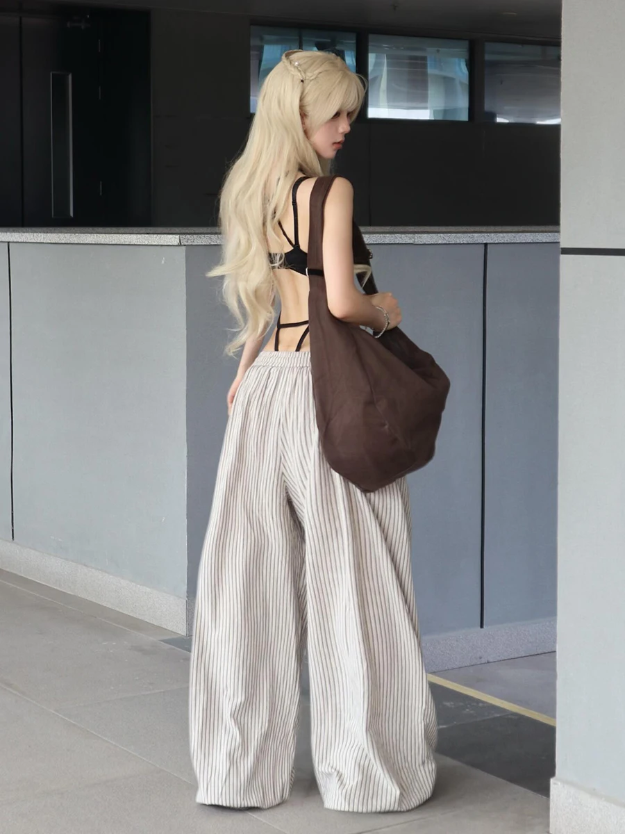 REDDACHiC femmes rayure Parachute pantalon avec poches confortable décontracté ample taille élastique plis jambe large Palazzo pantalon femmes bas