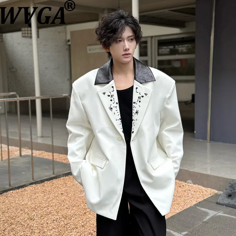 WVGA Spring Autumn New Men Tide Patchwork Beaded Trendy Long Sleeve Blazer Niche Chic Casual Turn-Down Collar Suit Jacket W16212