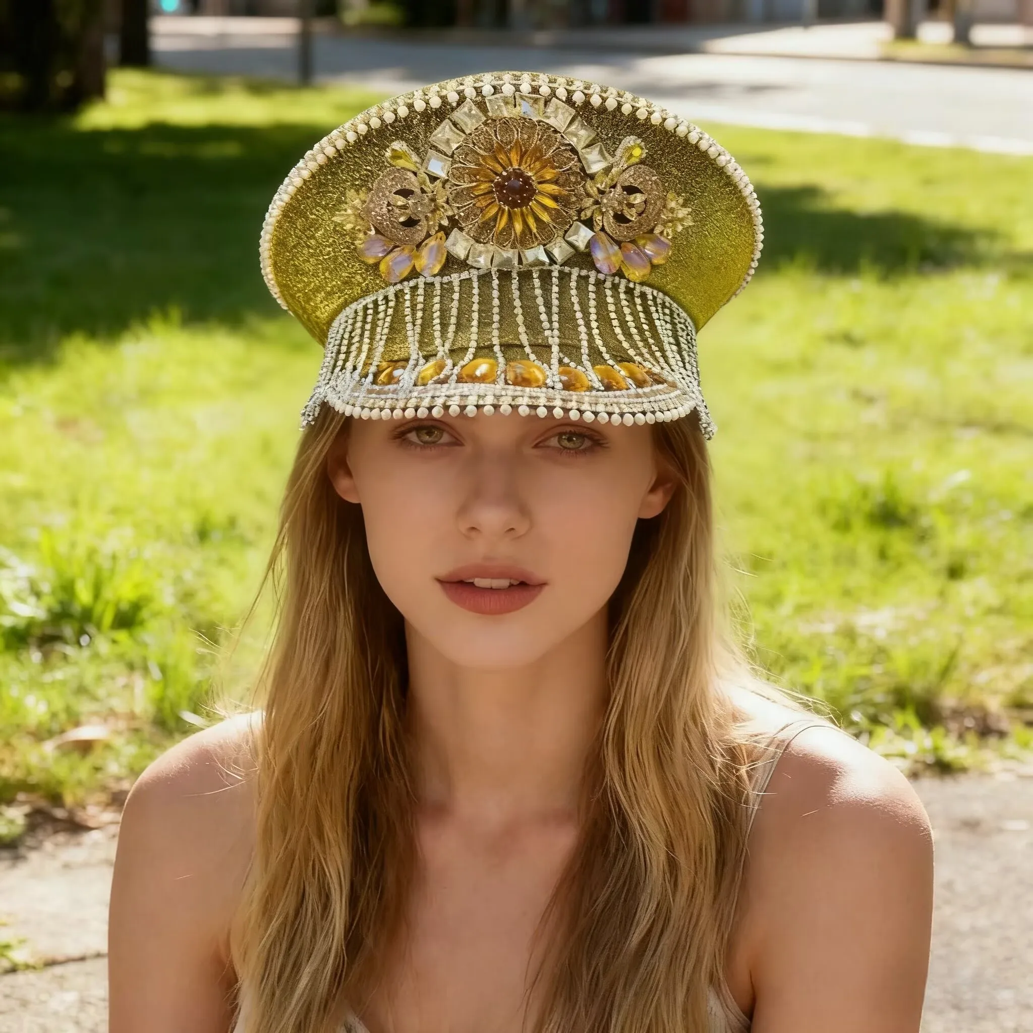 

HongLuan Glitter Golden Disco Music Festival Captain Hat Rhinestone for Carnival, Rave Festivals Accessories & Party Hat Woman