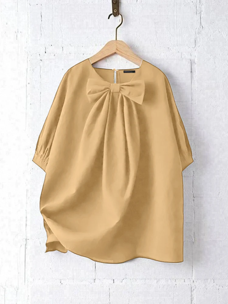 

ZANZEA, женская модная блузка, элегантные рубашки с бантом, лето 2021, повседневные однотонные топы с короткими рукавами, свободные OL Blusas Femininas