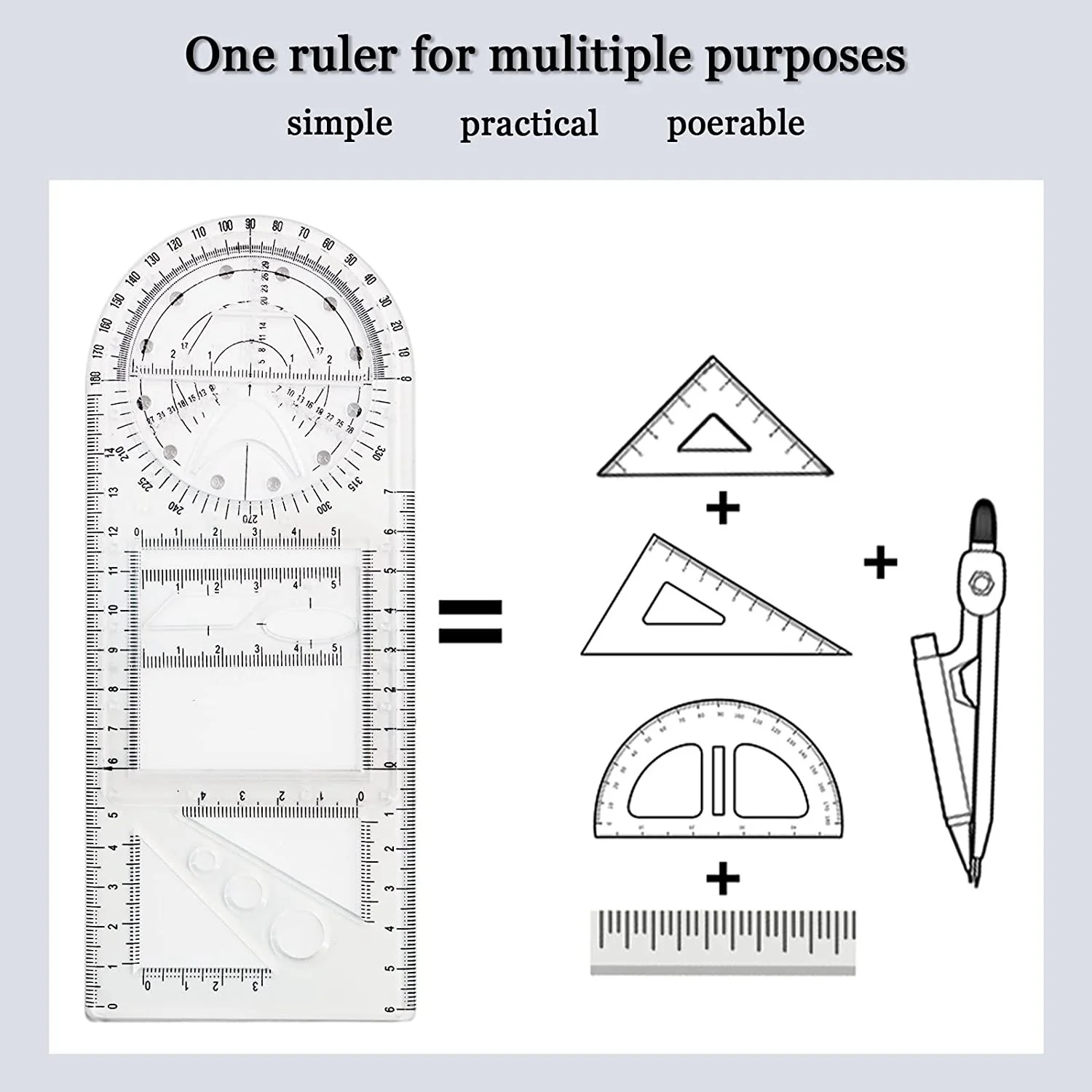 Conjunto de Régua Geométrica Multifuncional, Régua Plástica, Ferramentas De Desenho, Círculo De Medição, Matemática, 4 Pcs