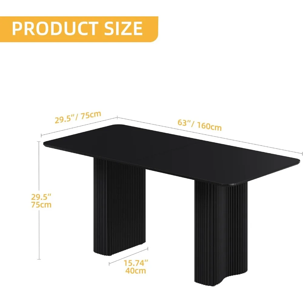 63'' Dining Table for 4-6 People Modern Rectangular Kitchen Table with Solid Wave Curved Legs Large Cream Black Dinner Table
