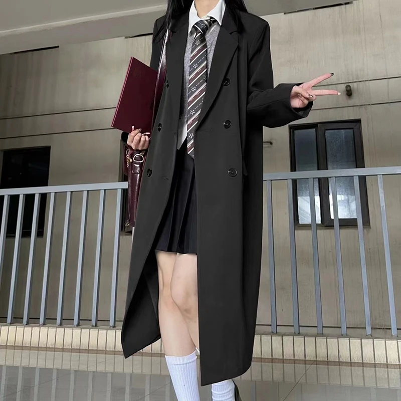 Elegant Preppy Midi Blazers Women Fall Korean Fashion Loose Casual Trench Coats Sweet Solid Button Patchwork Female Suit Jacket