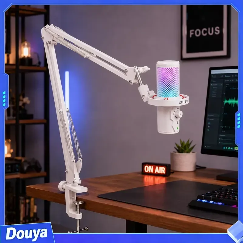 In Stock USB Type-C Computer Microphone Set Condenser Mic with Arm Noise Cancelling RGB Lighting Gaming for PC- White