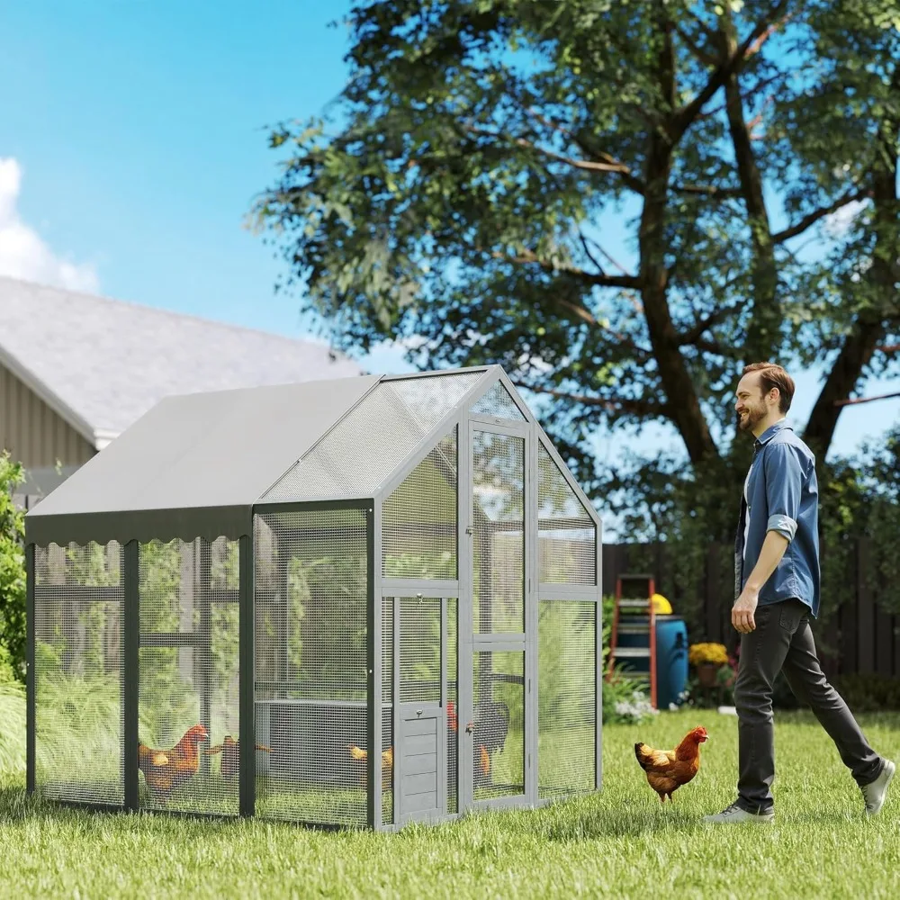 Large Chicken Run, Wooden Chicken Coop with Waterproof & Anti-UV Cover, Split Door, 2 Nesting Boxes, 2 Roosting Bars