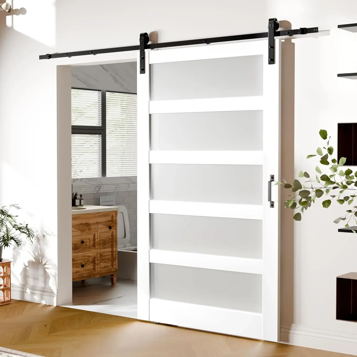 [متجر هيلونج] باب الحظيرة الزجاجي المنزلق ذو 5 ألواح مقاس 48 بوصة × 84 بوصة، تتضمن مجموعة الأجهزة، تحتاج إلى التجميع، PV مقاوم للماء