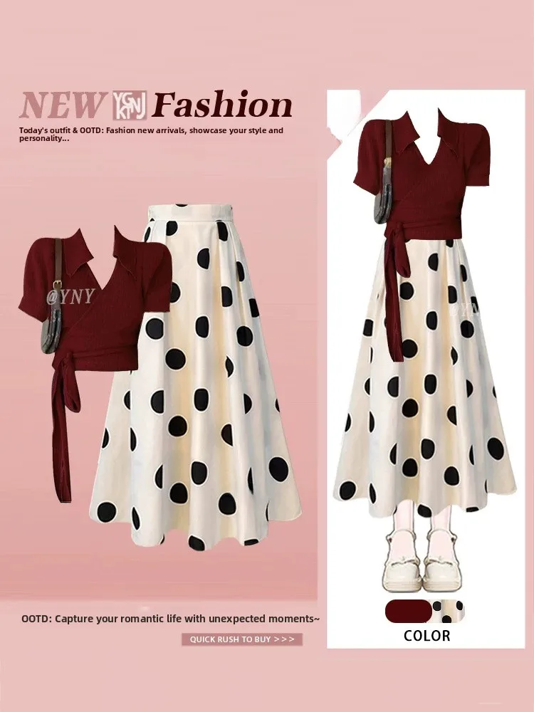 Retro Hong Kong Style Polka Dot Belted Waist Short Sleeve Half Skirt A-Line Long Dress Slimming Effect Summer Fashionable