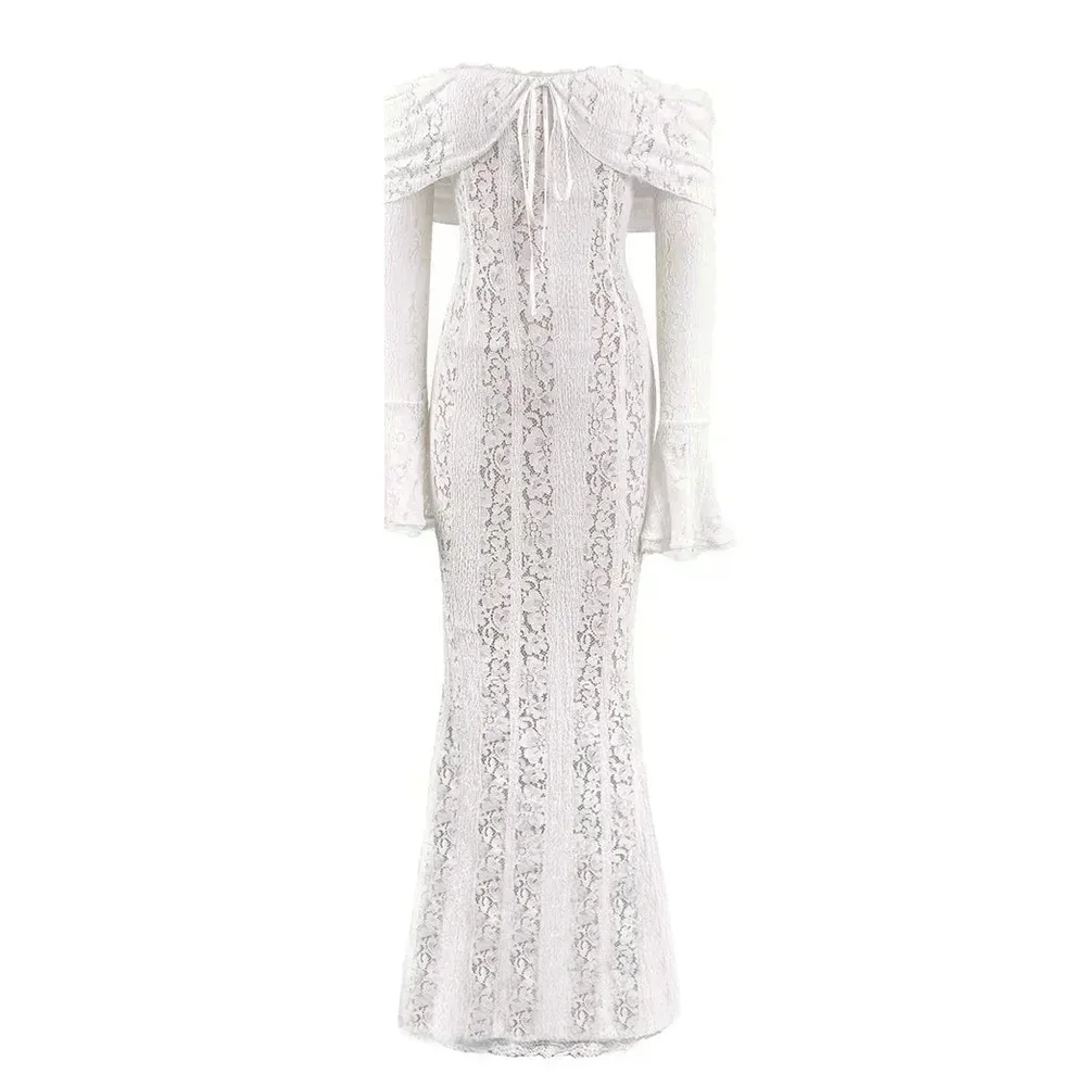 

New Dress White Off The Shoulder Autumn Bodycon Dress 2025 Long Sleeve Elegant Lace Maxi Dress Wedding Guest Dress for Women