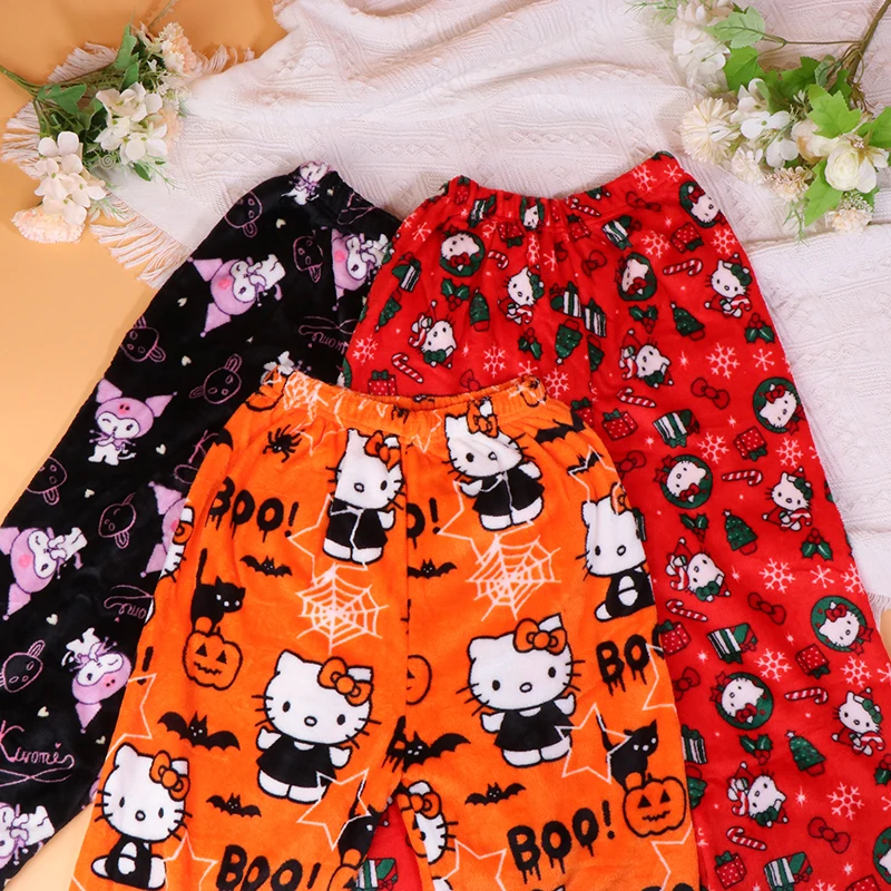 Sanrio Hello Kitty Pajamas Cartoon Kuromi Flannel Trousers Pajamas Long Pants Casual Home Pant Halloween Christmas Gift