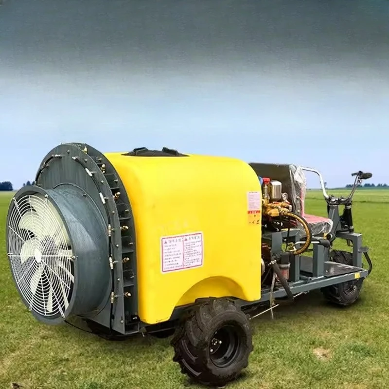 Self-propelled ride-on air delivery orchard fan atomizer