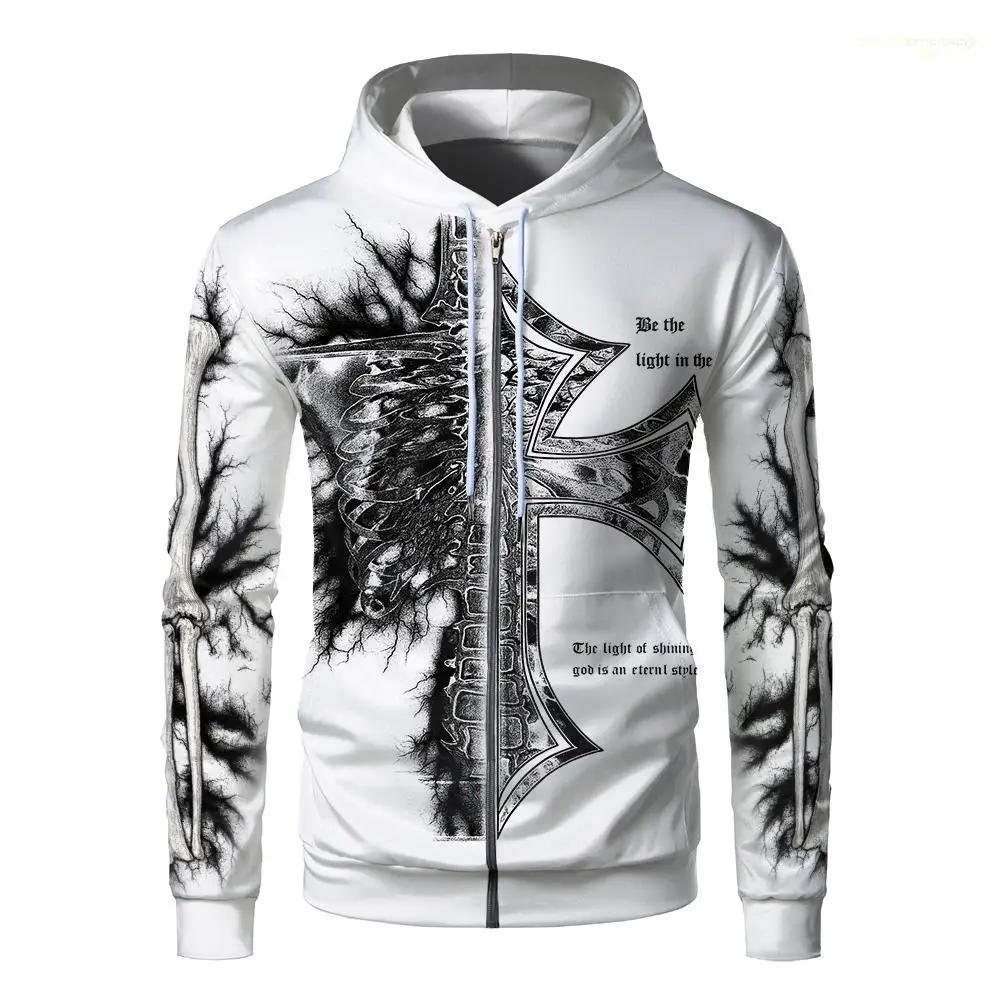 Crânio e cruz impressão zíper hoodie wifru outono inverno solto casual moletom personalidade tendência estilo gótico streetwear