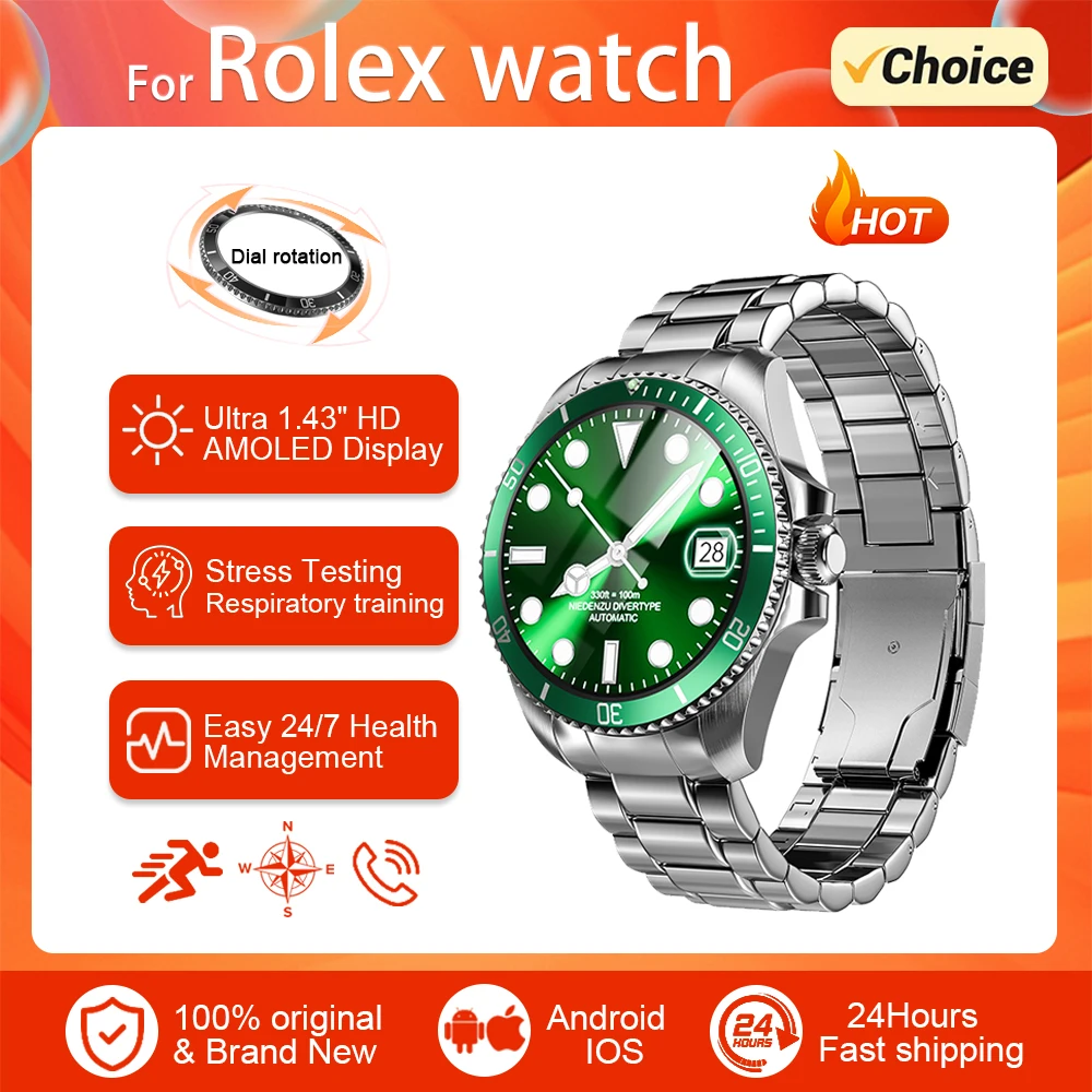 New For Rolex Smartwatch Men Heart Rate Compass GPS Track Watches AMOLED Always Displays Temperature Clock BT Call Smart Watch