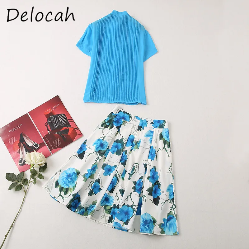 Deloach Frühjahr/Sommer Neue frauen Stehkragen Bogen Einreiher Handgemachte Gestreiften Top Hohe Taille Rose Gedruckt Halb rock Set