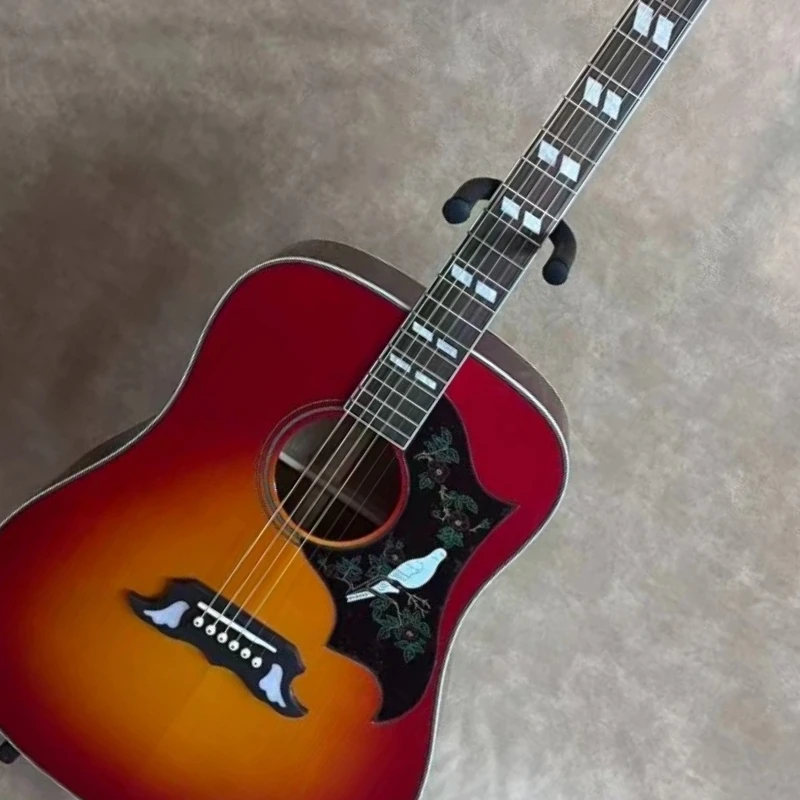 

Акустическая гитара дредноут 41 дюйм, цвет вишневый солнечный свет, ручная работа, бесплатная доставка, накладка на гриф с птичьими и цветочными мотивами