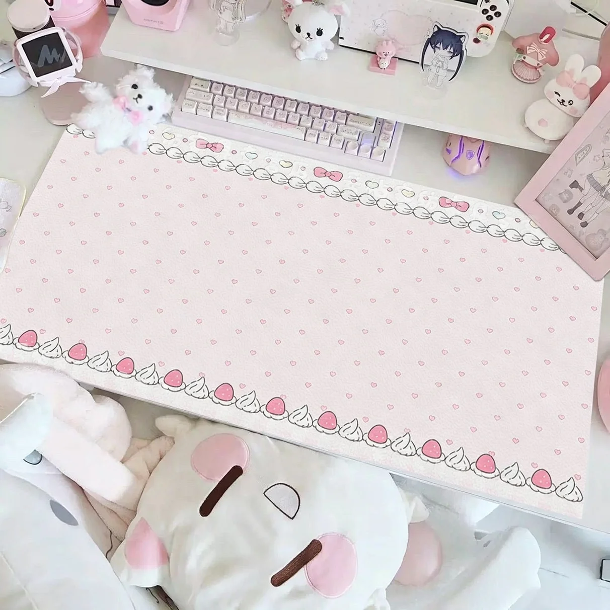 Polak Dots Strawberry Cream Bow Y2K Leather Desk Pad Protector Mouse Pad Office Desk Mat Waterproof Non-Slip PU Desk Blotter Pad