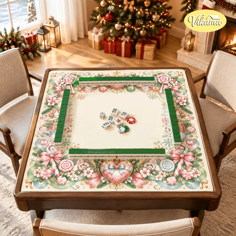 Christmas Pink Bow Mahjong Table Mat Non Slip Waterproof Card Game Mat for Dining Room Family Game Night Holiday Decor